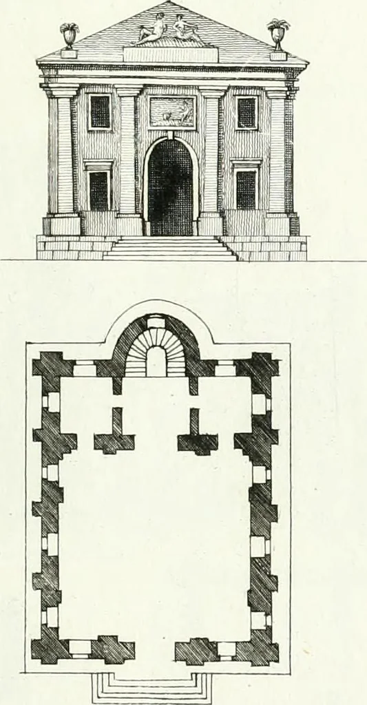 An illustration from Recueil de dessins d'une execution peu dispendieuse : contenans des plans de petites maisons de campagne, petits pavillons de jardins, temples, hermitages, chaumieres, monumens, obélisques, ruines, portails, portes, grilles, bancs de jardins, chaises, volieres, gondoles, ponts, etc. : ouvrage intéressant pour cette classes d'amateurs, qui sans faire de grandes dépenses, sont pourtant bien aises d'embellir leurs jardins d'ornamens nouveaux et pleins de goût, 1805, leaf 54