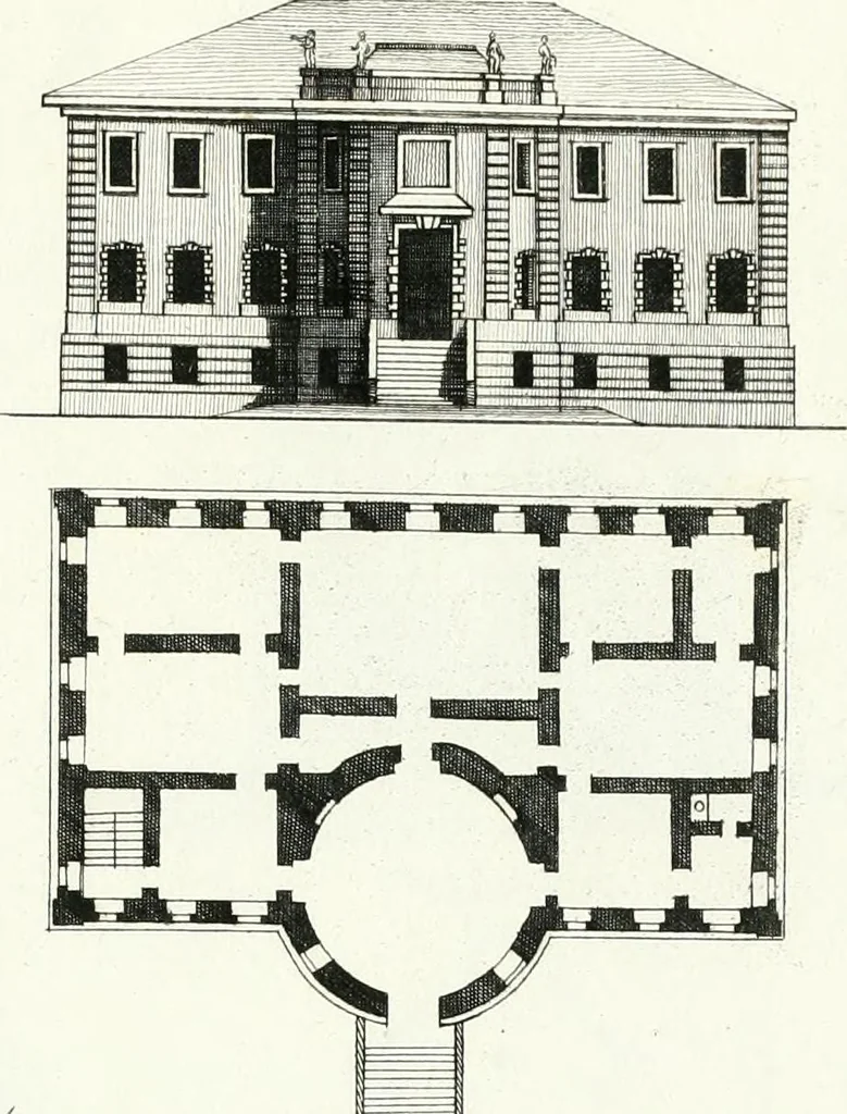 An illustration from Recueil de dessins d'une execution peu dispendieuse : contenans des plans de petites maisons de campagne, petits pavillons de jardins, temples, hermitages, chaumieres, monumens, obélisques, ruines, portails, portes, grilles, bancs de jardins, chaises, volieres, gondoles, ponts, etc. : ouvrage intéressant pour cette classes d'amateurs, qui sans faire de grandes dépenses, sont pourtant bien aises d'embellir leurs jardins d'ornamens nouveaux et pleins de goût, 1805, leaf 54
