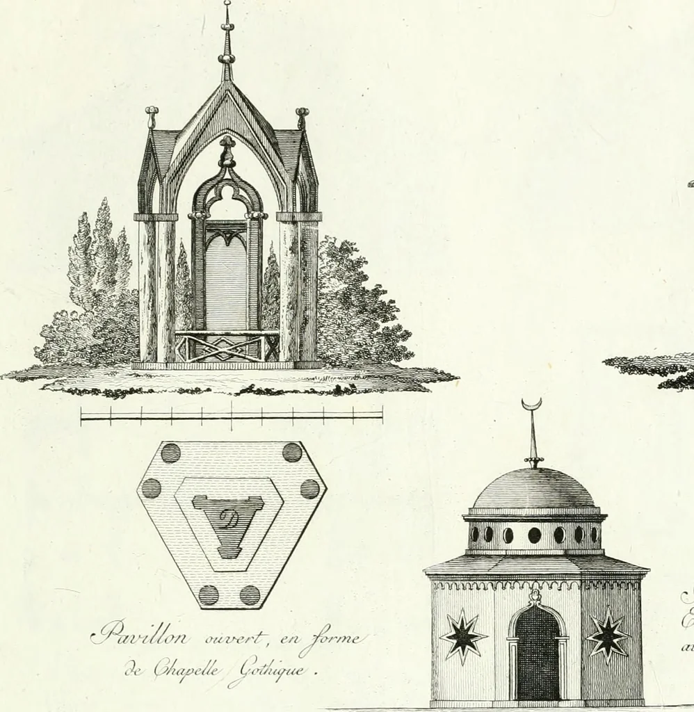 An illustration from Recueil de dessins d'une execution peu dispendieuse : contenans des plans de petites maisons de campagne, petits pavillons de jardins, temples, hermitages, chaumieres, monumens, obélisques, ruines, portails, portes, grilles, bancs de jardins, chaises, volieres, gondoles, ponts, etc. : ouvrage intéressant pour cette classes d'amateurs, qui sans faire de grandes dépenses, sont pourtant bien aises d'embellir leurs jardins d'ornamens nouveaux et pleins de goût, 1805, leaf 56