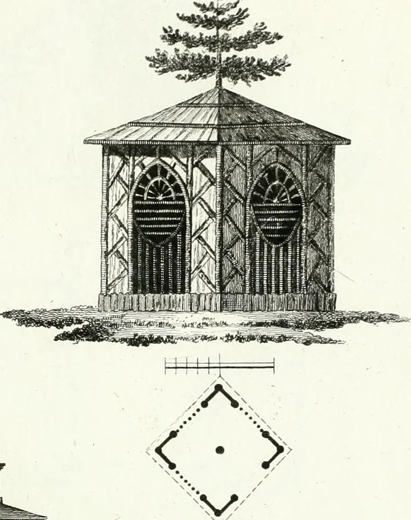 An illustration from Recueil de dessins d'une execution peu dispendieuse : contenans des plans de petites maisons de campagne, petits pavillons de jardins, temples, hermitages, chaumieres, monumens, obélisques, ruines, portails, portes, grilles, bancs de jardins, chaises, volieres, gondoles, ponts, etc. : ouvrage intéressant pour cette classes d'amateurs, qui sans faire de grandes dépenses, sont pourtant bien aises d'embellir leurs jardins d'ornamens nouveaux et pleins de goût, 1805, leaf 56