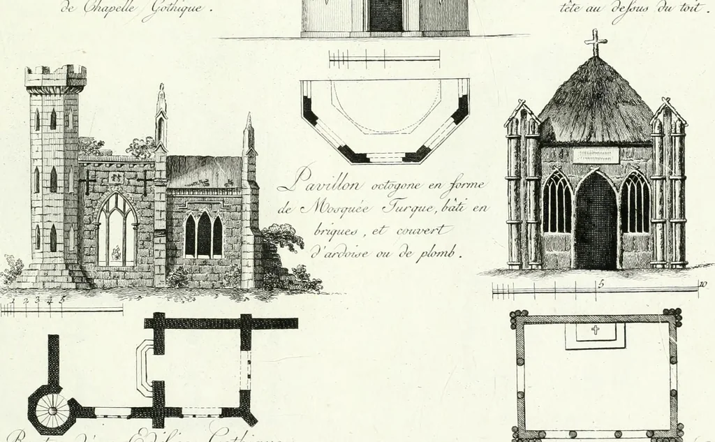 An illustration from Recueil de dessins d'une execution peu dispendieuse : contenans des plans de petites maisons de campagne, petits pavillons de jardins, temples, hermitages, chaumieres, monumens, obélisques, ruines, portails, portes, grilles, bancs de jardins, chaises, volieres, gondoles, ponts, etc. : ouvrage intéressant pour cette classes d'amateurs, qui sans faire de grandes dépenses, sont pourtant bien aises d'embellir leurs jardins d'ornamens nouveaux et pleins de goût, 1805, leaf 56