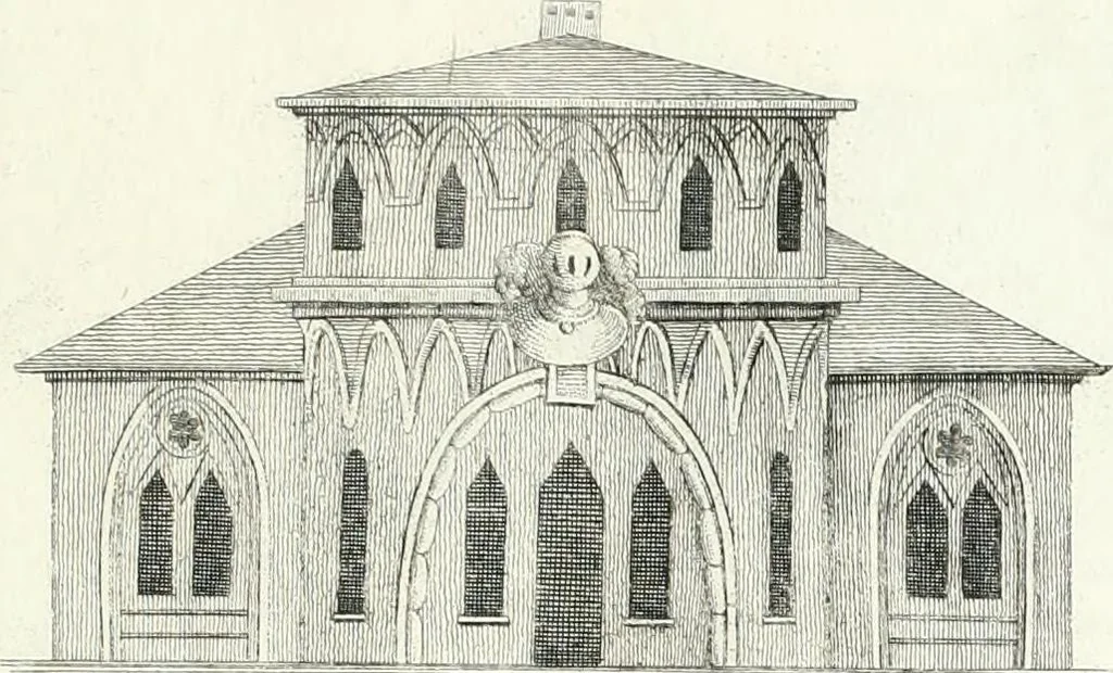 An illustration from Recueil de dessins d'une execution peu dispendieuse : contenans des plans de petites maisons de campagne, petits pavillons de jardins, temples, hermitages, chaumieres, monumens, obélisques, ruines, portails, portes, grilles, bancs de jardins, chaises, volieres, gondoles, ponts, etc. : ouvrage intéressant pour cette classes d'amateurs, qui sans faire de grandes dépenses, sont pourtant bien aises d'embellir leurs jardins d'ornamens nouveaux et pleins de goût, 1805, leaf 58