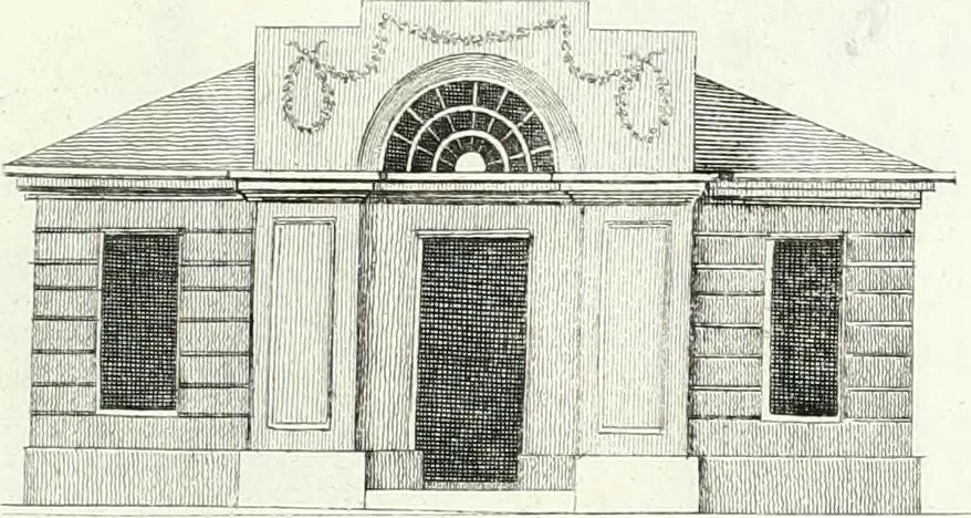 An illustration from Recueil de dessins d'une execution peu dispendieuse : contenans des plans de petites maisons de campagne, petits pavillons de jardins, temples, hermitages, chaumieres, monumens, obélisques, ruines, portails, portes, grilles, bancs de jardins, chaises, volieres, gondoles, ponts, etc. : ouvrage intéressant pour cette classes d'amateurs, qui sans faire de grandes dépenses, sont pourtant bien aises d'embellir leurs jardins d'ornamens nouveaux et pleins de goût, 1805, leaf 58