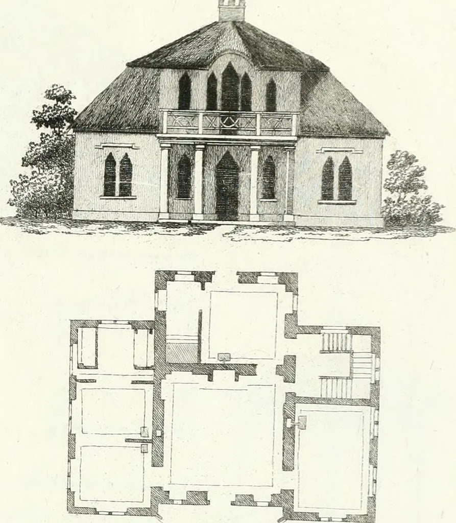 An illustration from Recueil de dessins d'une execution peu dispendieuse : contenans des plans de petites maisons de campagne, petits pavillons de jardins, temples, hermitages, chaumieres, monumens, obélisques, ruines, portails, portes, grilles, bancs de jardins, chaises, volieres, gondoles, ponts, etc. : ouvrage intéressant pour cette classes d'amateurs, qui sans faire de grandes dépenses, sont pourtant bien aises d'embellir leurs jardins d'ornamens nouveaux et pleins de goût, 1805, leaf 58
