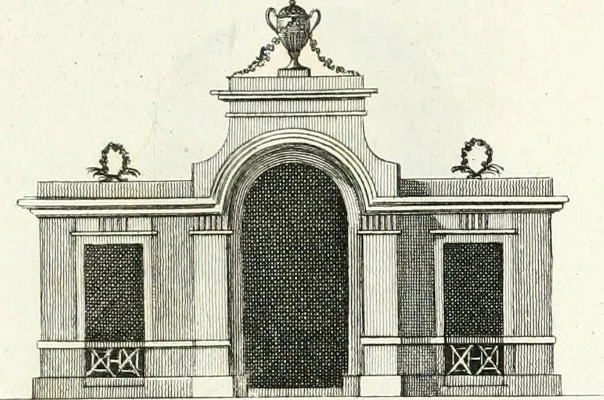 An illustration from Recueil de dessins d'une execution peu dispendieuse : contenans des plans de petites maisons de campagne, petits pavillons de jardins, temples, hermitages, chaumieres, monumens, obélisques, ruines, portails, portes, grilles, bancs de jardins, chaises, volieres, gondoles, ponts, etc. : ouvrage intéressant pour cette classes d'amateurs, qui sans faire de grandes dépenses, sont pourtant bien aises d'embellir leurs jardins d'ornamens nouveaux et pleins de goût, 1805, leaf 6