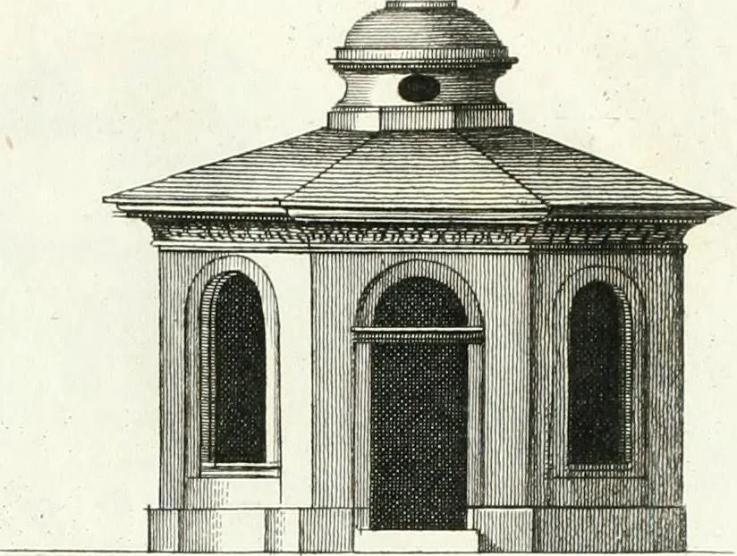 An illustration from Recueil de dessins d'une execution peu dispendieuse : contenans des plans de petites maisons de campagne, petits pavillons de jardins, temples, hermitages, chaumieres, monumens, obélisques, ruines, portails, portes, grilles, bancs de jardins, chaises, volieres, gondoles, ponts, etc. : ouvrage intéressant pour cette classes d'amateurs, qui sans faire de grandes dépenses, sont pourtant bien aises d'embellir leurs jardins d'ornamens nouveaux et pleins de goût, 1805, leaf 6