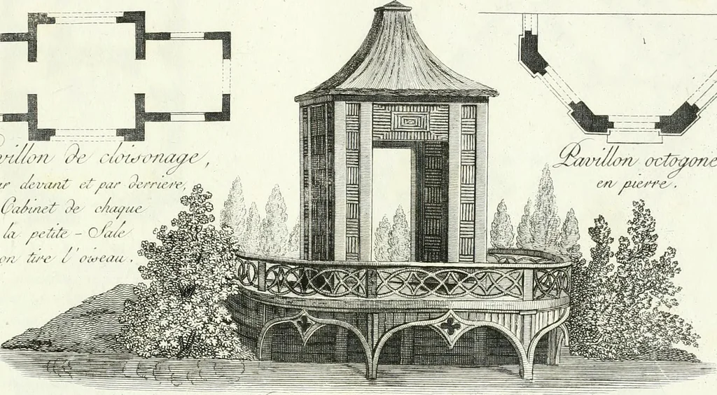 An illustration from Recueil de dessins d'une execution peu dispendieuse : contenans des plans de petites maisons de campagne, petits pavillons de jardins, temples, hermitages, chaumieres, monumens, obélisques, ruines, portails, portes, grilles, bancs de jardins, chaises, volieres, gondoles, ponts, etc. : ouvrage intéressant pour cette classes d'amateurs, qui sans faire de grandes dépenses, sont pourtant bien aises d'embellir leurs jardins d'ornamens nouveaux et pleins de goût, 1805, leaf 6