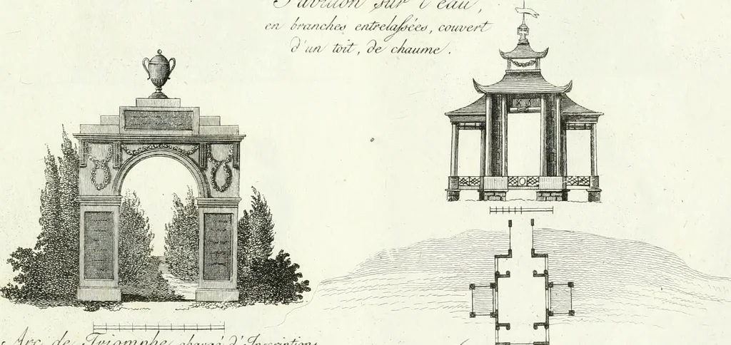 An illustration from Recueil de dessins d'une execution peu dispendieuse : contenans des plans de petites maisons de campagne, petits pavillons de jardins, temples, hermitages, chaumieres, monumens, obélisques, ruines, portails, portes, grilles, bancs de jardins, chaises, volieres, gondoles, ponts, etc. : ouvrage intéressant pour cette classes d'amateurs, qui sans faire de grandes dépenses, sont pourtant bien aises d'embellir leurs jardins d'ornamens nouveaux et pleins de goût, 1805, leaf 6