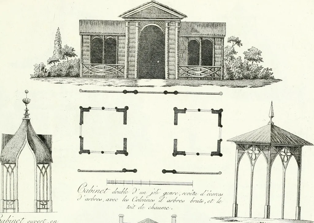 An illustration from Recueil de dessins d'une execution peu dispendieuse : contenans des plans de petites maisons de campagne, petits pavillons de jardins, temples, hermitages, chaumieres, monumens, obélisques, ruines, portails, portes, grilles, bancs de jardins, chaises, volieres, gondoles, ponts, etc. : ouvrage intéressant pour cette classes d'amateurs, qui sans faire de grandes dépenses, sont pourtant bien aises d'embellir leurs jardins d'ornamens nouveaux et pleins de goût, 1805, leaf 60