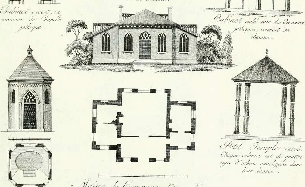 An illustration from Recueil de dessins d'une execution peu dispendieuse : contenans des plans de petites maisons de campagne, petits pavillons de jardins, temples, hermitages, chaumieres, monumens, obélisques, ruines, portails, portes, grilles, bancs de jardins, chaises, volieres, gondoles, ponts, etc. : ouvrage intéressant pour cette classes d'amateurs, qui sans faire de grandes dépenses, sont pourtant bien aises d'embellir leurs jardins d'ornamens nouveaux et pleins de goût, 1805, leaf 60