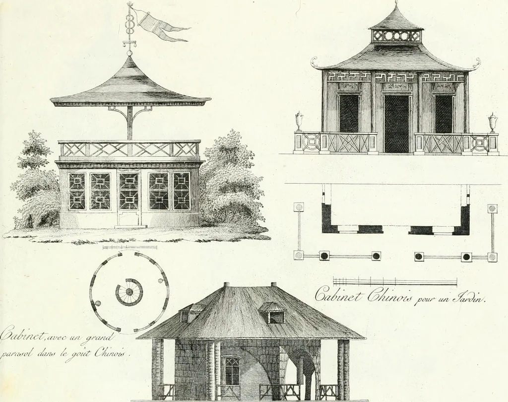 An illustration from Recueil de dessins d'une execution peu dispendieuse : contenans des plans de petites maisons de campagne, petits pavillons de jardins, temples, hermitages, chaumieres, monumens, obélisques, ruines, portails, portes, grilles, bancs de jardins, chaises, volieres, gondoles, ponts, etc. : ouvrage intéressant pour cette classes d'amateurs, qui sans faire de grandes dépenses, sont pourtant bien aises d'embellir leurs jardins d'ornamens nouveaux et pleins de goût, 1805, leaf 62