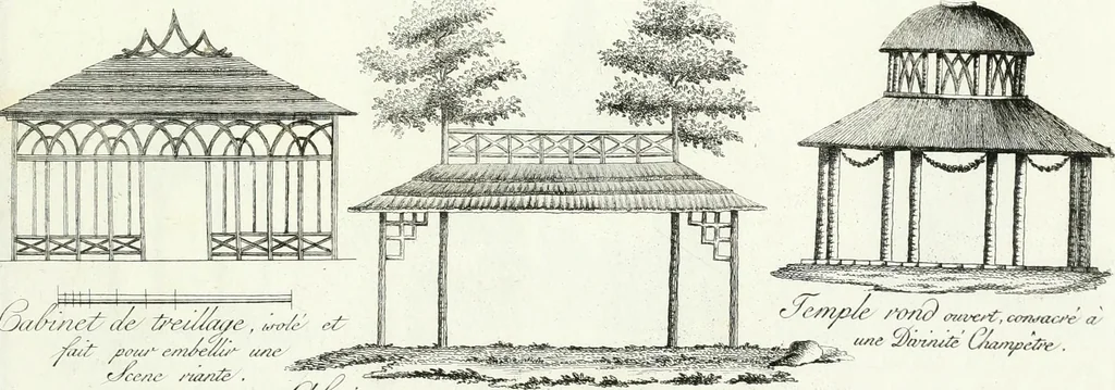 An illustration from Recueil de dessins d'une execution peu dispendieuse : contenans des plans de petites maisons de campagne, petits pavillons de jardins, temples, hermitages, chaumieres, monumens, obélisques, ruines, portails, portes, grilles, bancs de jardins, chaises, volieres, gondoles, ponts, etc. : ouvrage intéressant pour cette classes d'amateurs, qui sans faire de grandes dépenses, sont pourtant bien aises d'embellir leurs jardins d'ornamens nouveaux et pleins de goût, 1805, leaf 62