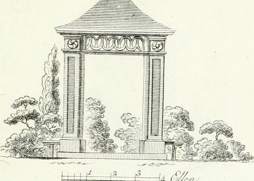 An illustration from Recueil de dessins d'une execution peu dispendieuse : contenans des plans de petites maisons de campagne, petits pavillons de jardins, temples, hermitages, chaumieres, monumens, obélisques, ruines, portails, portes, grilles, bancs de jardins, chaises, volieres, gondoles, ponts, etc. : ouvrage intéressant pour cette classes d'amateurs, qui sans faire de grandes dépenses, sont pourtant bien aises d'embellir leurs jardins d'ornamens nouveaux et pleins de goût, 1805, leaf 64