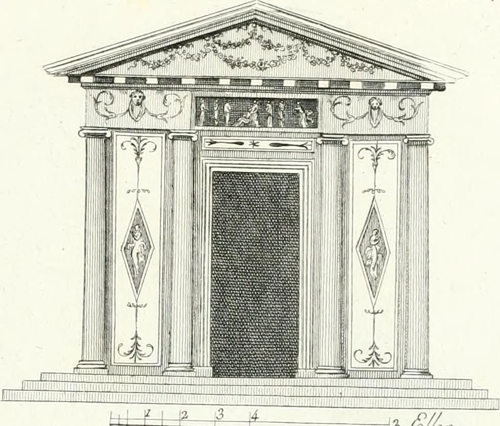 An illustration from Recueil de dessins d'une execution peu dispendieuse : contenans des plans de petites maisons de campagne, petits pavillons de jardins, temples, hermitages, chaumieres, monumens, obélisques, ruines, portails, portes, grilles, bancs de jardins, chaises, volieres, gondoles, ponts, etc. : ouvrage intéressant pour cette classes d'amateurs, qui sans faire de grandes dépenses, sont pourtant bien aises d'embellir leurs jardins d'ornamens nouveaux et pleins de goût, 1805, leaf 64