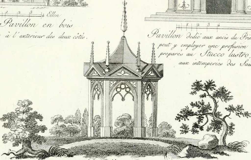 An illustration from Recueil de dessins d'une execution peu dispendieuse : contenans des plans de petites maisons de campagne, petits pavillons de jardins, temples, hermitages, chaumieres, monumens, obélisques, ruines, portails, portes, grilles, bancs de jardins, chaises, volieres, gondoles, ponts, etc. : ouvrage intéressant pour cette classes d'amateurs, qui sans faire de grandes dépenses, sont pourtant bien aises d'embellir leurs jardins d'ornamens nouveaux et pleins de goût, 1805, leaf 64