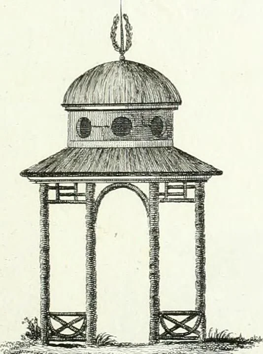 An illustration from Recueil de dessins d'une execution peu dispendieuse : contenans des plans de petites maisons de campagne, petits pavillons de jardins, temples, hermitages, chaumieres, monumens, obélisques, ruines, portails, portes, grilles, bancs de jardins, chaises, volieres, gondoles, ponts, etc. : ouvrage intéressant pour cette classes d'amateurs, qui sans faire de grandes dépenses, sont pourtant bien aises d'embellir leurs jardins d'ornamens nouveaux et pleins de goût, 1805, leaf 64