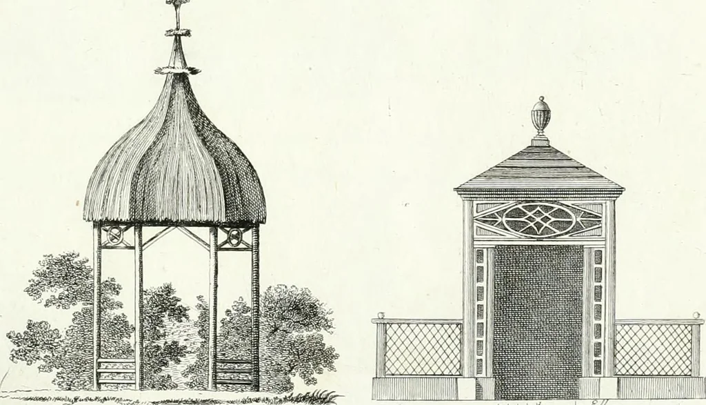 An illustration from Recueil de dessins d'une execution peu dispendieuse : contenans des plans de petites maisons de campagne, petits pavillons de jardins, temples, hermitages, chaumieres, monumens, obélisques, ruines, portails, portes, grilles, bancs de jardins, chaises, volieres, gondoles, ponts, etc. : ouvrage intéressant pour cette classes d'amateurs, qui sans faire de grandes dépenses, sont pourtant bien aises d'embellir leurs jardins d'ornamens nouveaux et pleins de goût, 1805, leaf 64