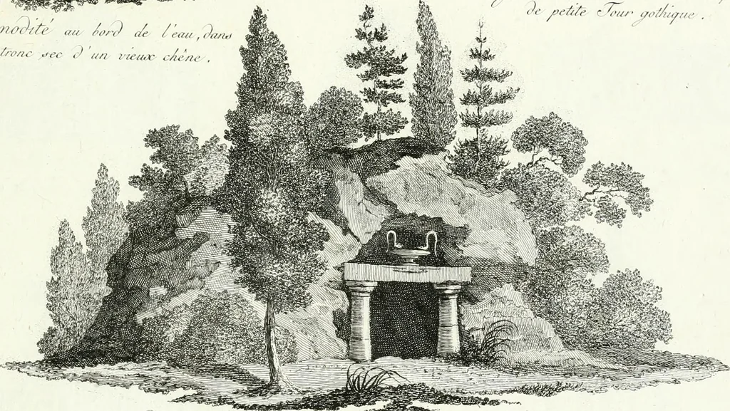 An illustration from Recueil de dessins d'une execution peu dispendieuse : contenans des plans de petites maisons de campagne, petits pavillons de jardins, temples, hermitages, chaumieres, monumens, obélisques, ruines, portails, portes, grilles, bancs de jardins, chaises, volieres, gondoles, ponts, etc. : ouvrage intéressant pour cette classes d'amateurs, qui sans faire de grandes dépenses, sont pourtant bien aises d'embellir leurs jardins d'ornamens nouveaux et pleins de goût, 1805, leaf 66