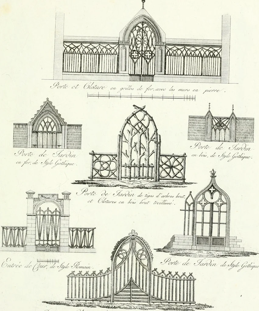 An illustration from Recueil de dessins d'une execution peu dispendieuse : contenans des plans de petites maisons de campagne, petits pavillons de jardins, temples, hermitages, chaumieres, monumens, obélisques, ruines, portails, portes, grilles, bancs de jardins, chaises, volieres, gondoles, ponts, etc. : ouvrage intéressant pour cette classes d'amateurs, qui sans faire de grandes dépenses, sont pourtant bien aises d'embellir leurs jardins d'ornamens nouveaux et pleins de goût, 1805, leaf 68
