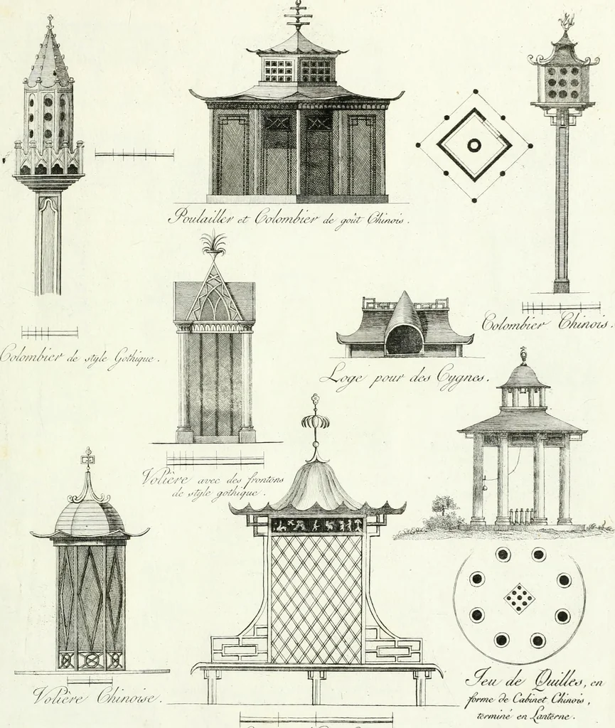 An illustration from Recueil de dessins d'une execution peu dispendieuse : contenans des plans de petites maisons de campagne, petits pavillons de jardins, temples, hermitages, chaumieres, monumens, obélisques, ruines, portails, portes, grilles, bancs de jardins, chaises, volieres, gondoles, ponts, etc. : ouvrage intéressant pour cette classes d'amateurs, qui sans faire de grandes dépenses, sont pourtant bien aises d'embellir leurs jardins d'ornamens nouveaux et pleins de goût, 1805, leaf 70