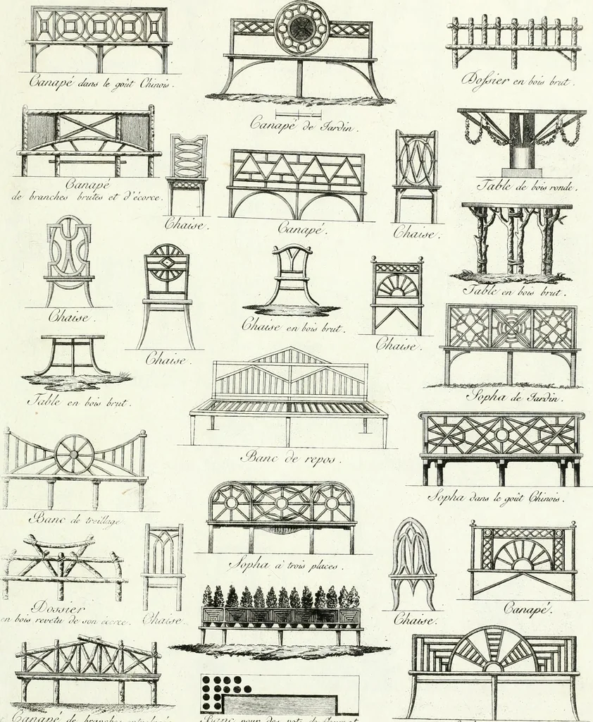 An illustration from Recueil de dessins d'une execution peu dispendieuse : contenans des plans de petites maisons de campagne, petits pavillons de jardins, temples, hermitages, chaumieres, monumens, obélisques, ruines, portails, portes, grilles, bancs de jardins, chaises, volieres, gondoles, ponts, etc. : ouvrage intéressant pour cette classes d'amateurs, qui sans faire de grandes dépenses, sont pourtant bien aises d'embellir leurs jardins d'ornamens nouveaux et pleins de goût, 1805, leaf 72