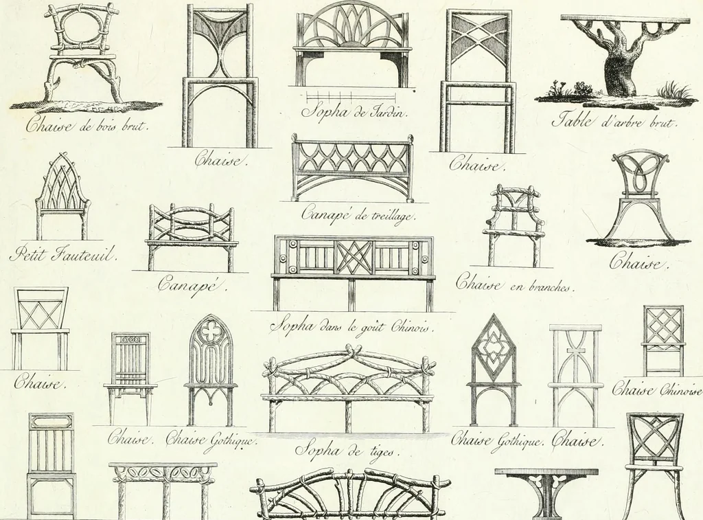An illustration from Recueil de dessins d'une execution peu dispendieuse : contenans des plans de petites maisons de campagne, petits pavillons de jardins, temples, hermitages, chaumieres, monumens, obélisques, ruines, portails, portes, grilles, bancs de jardins, chaises, volieres, gondoles, ponts, etc. : ouvrage intéressant pour cette classes d'amateurs, qui sans faire de grandes dépenses, sont pourtant bien aises d'embellir leurs jardins d'ornamens nouveaux et pleins de goût, 1805, leaf 74