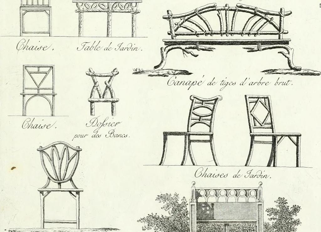 An illustration from Recueil de dessins d'une execution peu dispendieuse : contenans des plans de petites maisons de campagne, petits pavillons de jardins, temples, hermitages, chaumieres, monumens, obélisques, ruines, portails, portes, grilles, bancs de jardins, chaises, volieres, gondoles, ponts, etc. : ouvrage intéressant pour cette classes d'amateurs, qui sans faire de grandes dépenses, sont pourtant bien aises d'embellir leurs jardins d'ornamens nouveaux et pleins de goût, 1805, leaf 74