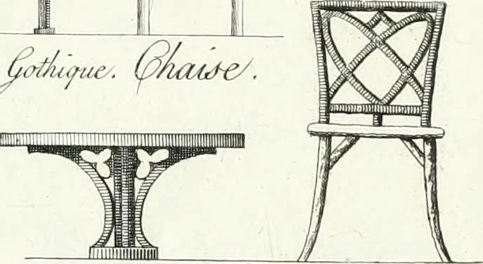 An illustration from Recueil de dessins d'une execution peu dispendieuse : contenans des plans de petites maisons de campagne, petits pavillons de jardins, temples, hermitages, chaumieres, monumens, obélisques, ruines, portails, portes, grilles, bancs de jardins, chaises, volieres, gondoles, ponts, etc. : ouvrage intéressant pour cette classes d'amateurs, qui sans faire de grandes dépenses, sont pourtant bien aises d'embellir leurs jardins d'ornamens nouveaux et pleins de goût, 1805, leaf 74
