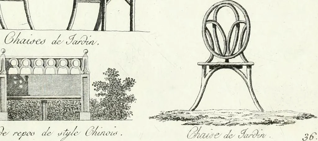 An illustration from Recueil de dessins d'une execution peu dispendieuse : contenans des plans de petites maisons de campagne, petits pavillons de jardins, temples, hermitages, chaumieres, monumens, obélisques, ruines, portails, portes, grilles, bancs de jardins, chaises, volieres, gondoles, ponts, etc. : ouvrage intéressant pour cette classes d'amateurs, qui sans faire de grandes dépenses, sont pourtant bien aises d'embellir leurs jardins d'ornamens nouveaux et pleins de goût, 1805, leaf 74