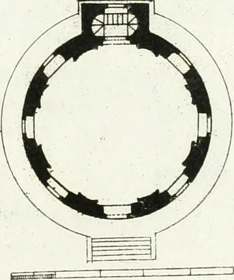 An illustration from Recueil de dessins d'une execution peu dispendieuse : contenans des plans de petites maisons de campagne, petits pavillons de jardins, temples, hermitages, chaumieres, monumens, obélisques, ruines, portails, portes, grilles, bancs de jardins, chaises, volieres, gondoles, ponts, etc. : ouvrage intéressant pour cette classes d'amateurs, qui sans faire de grandes dépenses, sont pourtant bien aises d'embellir leurs jardins d'ornamens nouveaux et pleins de goût, 1805, leaf 8