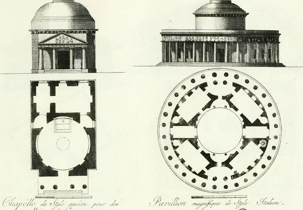 An illustration from Recueil de dessins d'une execution peu dispendieuse : contenans des plans de petites maisons de campagne, petits pavillons de jardins, temples, hermitages, chaumieres, monumens, obélisques, ruines, portails, portes, grilles, bancs de jardins, chaises, volieres, gondoles, ponts, etc. : ouvrage intéressant pour cette classes d'amateurs, qui sans faire de grandes dépenses, sont pourtant bien aises d'embellir leurs jardins d'ornamens nouveaux et pleins de goût, 1805, leaf 8