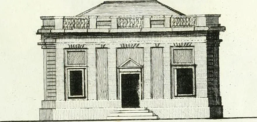 An illustration from Recueil de dessins d'une execution peu dispendieuse : contenans des plans de petites maisons de campagne, petits pavillons de jardins, temples, hermitages, chaumieres, monumens, obélisques, ruines, portails, portes, grilles, bancs de jardins, chaises, volieres, gondoles, ponts, etc. : ouvrage intéressant pour cette classes d'amateurs, qui sans faire de grandes dépenses, sont pourtant bien aises d'embellir leurs jardins d'ornamens nouveaux et pleins de goût, 1805, leaf 8