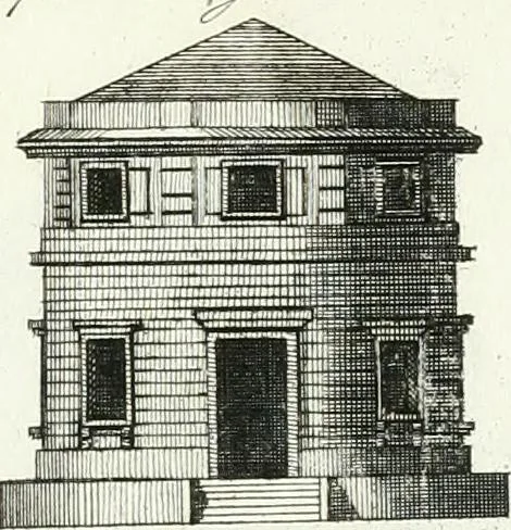 An illustration from Recueil de dessins d'une execution peu dispendieuse : contenans des plans de petites maisons de campagne, petits pavillons de jardins, temples, hermitages, chaumieres, monumens, obélisques, ruines, portails, portes, grilles, bancs de jardins, chaises, volieres, gondoles, ponts, etc. : ouvrage intéressant pour cette classes d'amateurs, qui sans faire de grandes dépenses, sont pourtant bien aises d'embellir leurs jardins d'ornamens nouveaux et pleins de goût, 1805, leaf 8