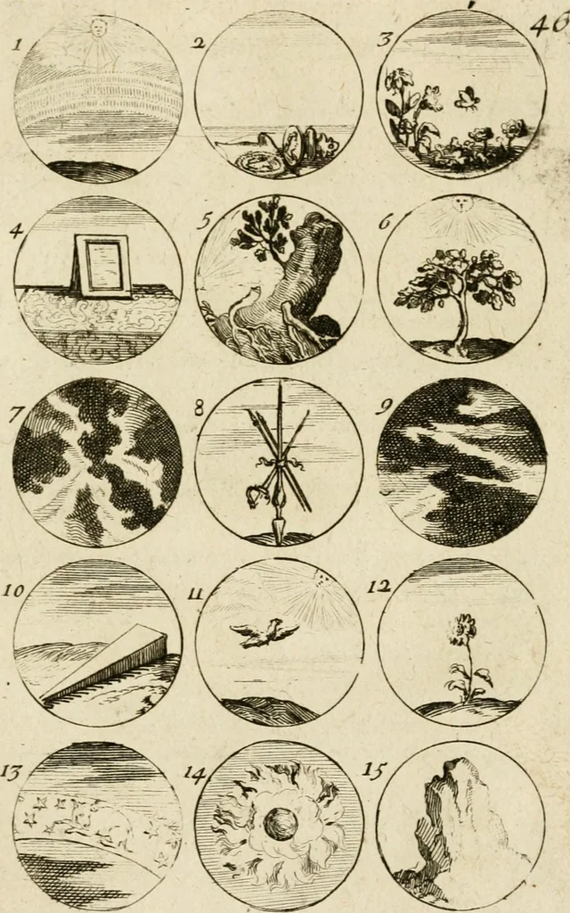 An illustration from Recueil d'emblêmes, devises, medailles, et figures hieroglyphiques, au nombre de plus de douze cent, avec leurs explications : accompagné de plus de deux mille chiffres fleuronnez simples, doubles & triples ... : cet ouvrage qui est enrichy de deux cens cinquante planches en taille-douce, est très-utile aux graveurs, peintres, sculpteurs, orfevres, brodeurs, serruriers & à tous ceux qui travaillent au dessein, 1724, leaf 102