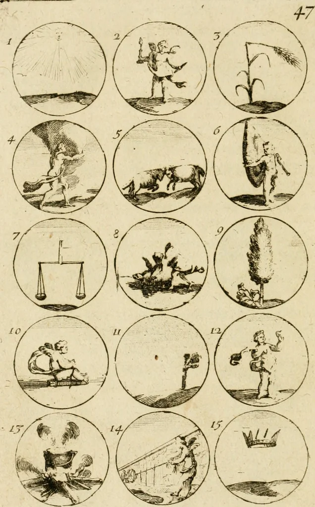 An illustration from Recueil d'emblêmes, devises, medailles, et figures hieroglyphiques, au nombre de plus de douze cent, avec leurs explications : accompagné de plus de deux mille chiffres fleuronnez simples, doubles & triples ... : cet ouvrage qui est enrichy de deux cens cinquante planches en taille-douce, est très-utile aux graveurs, peintres, sculpteurs, orfevres, brodeurs, serruriers & à tous ceux qui travaillent au dessein, 1724, leaf 103