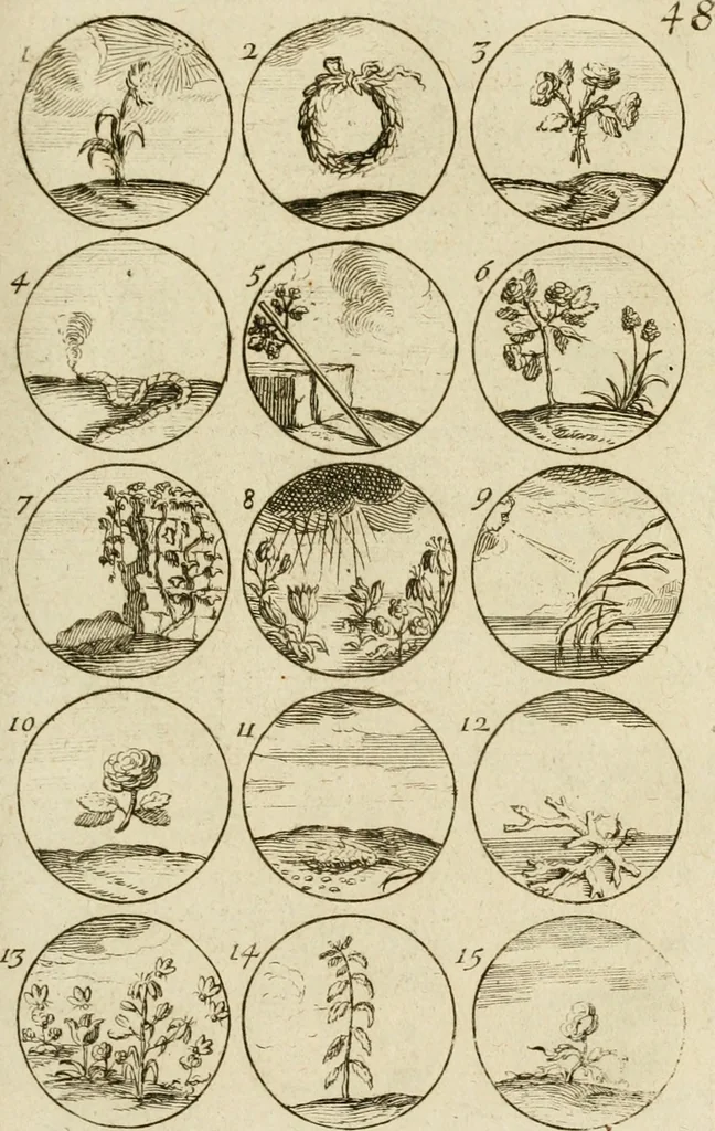 An illustration from Recueil d'emblêmes, devises, medailles, et figures hieroglyphiques, au nombre de plus de douze cent, avec leurs explications : accompagné de plus de deux mille chiffres fleuronnez simples, doubles & triples ... : cet ouvrage qui est enrichy de deux cens cinquante planches en taille-douce, est très-utile aux graveurs, peintres, sculpteurs, orfevres, brodeurs, serruriers & à tous ceux qui travaillent au dessein, 1724, leaf 106