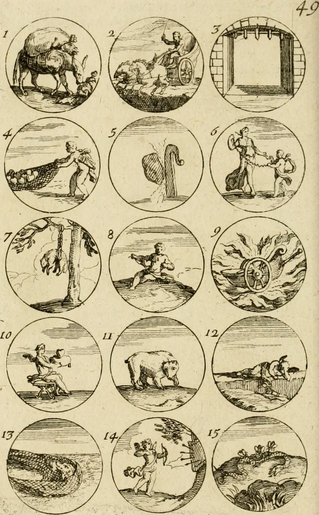 An illustration from Recueil d'emblêmes, devises, medailles, et figures hieroglyphiques, au nombre de plus de douze cent, avec leurs explications : accompagné de plus de deux mille chiffres fleuronnez simples, doubles & triples ... : cet ouvrage qui est enrichy de deux cens cinquante planches en taille-douce, est très-utile aux graveurs, peintres, sculpteurs, orfevres, brodeurs, serruriers & à tous ceux qui travaillent au dessein, 1724, leaf 107