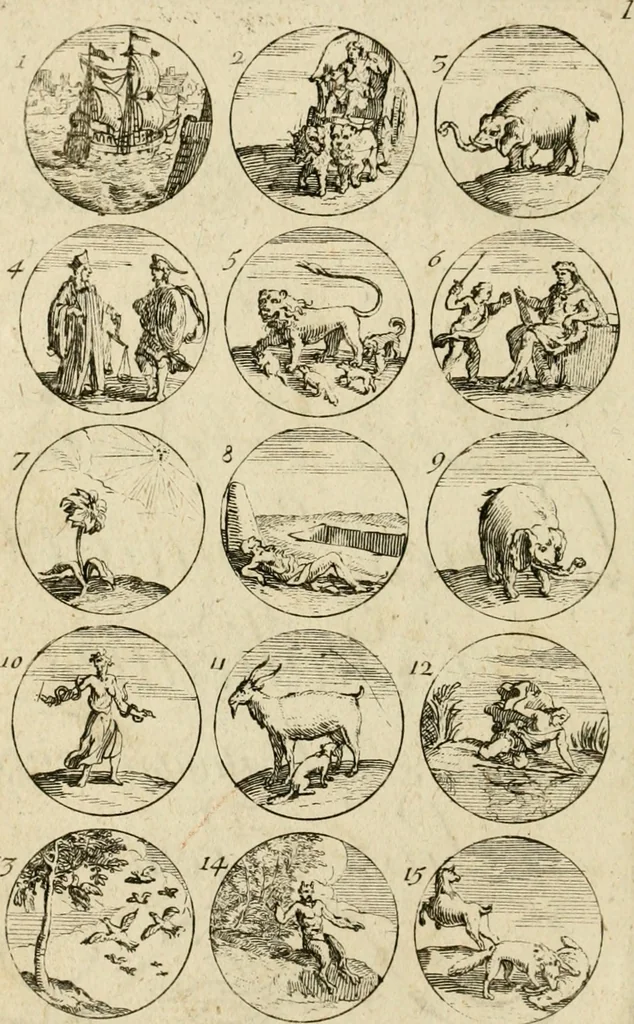 An illustration from Recueil d'emblêmes, devises, medailles, et figures hieroglyphiques, au nombre de plus de douze cent, avec leurs explications : accompagné de plus de deux mille chiffres fleuronnez simples, doubles & triples ... : cet ouvrage qui est enrichy de deux cens cinquante planches en taille-douce, est très-utile aux graveurs, peintres, sculpteurs, orfevres, brodeurs, serruriers & à tous ceux qui travaillent au dessein, 1724, leaf 11