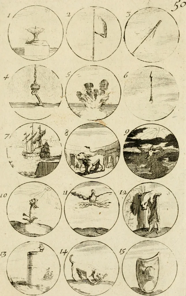 An illustration from Recueil d'emblêmes, devises, medailles, et figures hieroglyphiques, au nombre de plus de douze cent, avec leurs explications : accompagné de plus de deux mille chiffres fleuronnez simples, doubles & triples ... : cet ouvrage qui est enrichy de deux cens cinquante planches en taille-douce, est très-utile aux graveurs, peintres, sculpteurs, orfevres, brodeurs, serruriers & à tous ceux qui travaillent au dessein, 1724, leaf 110