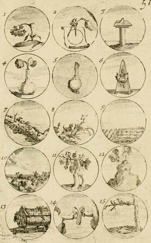An illustration from Recueil d'emblêmes, devises, medailles, et figures hieroglyphiques, au nombre de plus de douze cent, avec leurs explications : accompagné de plus de deux mille chiffres fleuronnez simples, doubles & triples ... : cet ouvrage qui est enrichy de deux cens cinquante planches en taille-douce, est très-utile aux graveurs, peintres, sculpteurs, orfevres, brodeurs, serruriers & à tous ceux qui travaillent au dessein, 1724, leaf 111