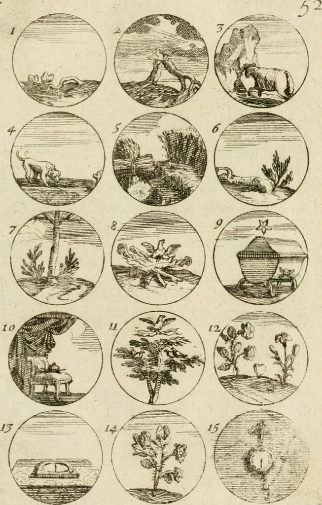 An illustration from Recueil d'emblêmes, devises, medailles, et figures hieroglyphiques, au nombre de plus de douze cent, avec leurs explications : accompagné de plus de deux mille chiffres fleuronnez simples, doubles & triples ... : cet ouvrage qui est enrichy de deux cens cinquante planches en taille-douce, est très-utile aux graveurs, peintres, sculpteurs, orfevres, brodeurs, serruriers & à tous ceux qui travaillent au dessein, 1724, leaf 114