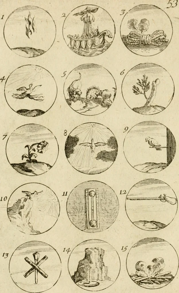 An illustration from Recueil d'emblêmes, devises, medailles, et figures hieroglyphiques, au nombre de plus de douze cent, avec leurs explications : accompagné de plus de deux mille chiffres fleuronnez simples, doubles & triples ... : cet ouvrage qui est enrichy de deux cens cinquante planches en taille-douce, est très-utile aux graveurs, peintres, sculpteurs, orfevres, brodeurs, serruriers & à tous ceux qui travaillent au dessein, 1724, leaf 115