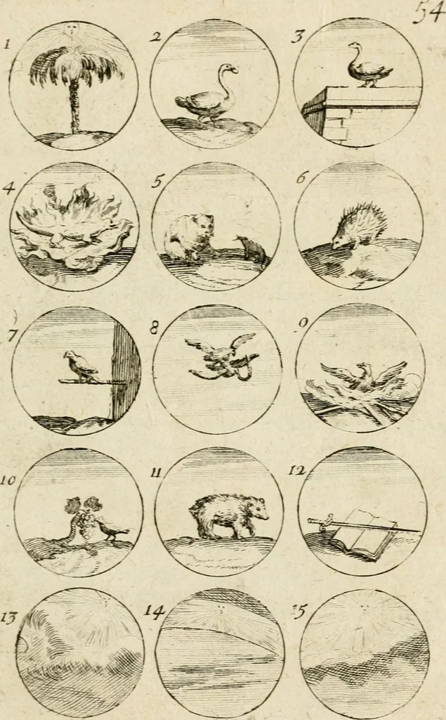 An illustration from Recueil d'emblêmes, devises, medailles, et figures hieroglyphiques, au nombre de plus de douze cent, avec leurs explications : accompagné de plus de deux mille chiffres fleuronnez simples, doubles & triples ... : cet ouvrage qui est enrichy de deux cens cinquante planches en taille-douce, est très-utile aux graveurs, peintres, sculpteurs, orfevres, brodeurs, serruriers & à tous ceux qui travaillent au dessein, 1724, leaf 118