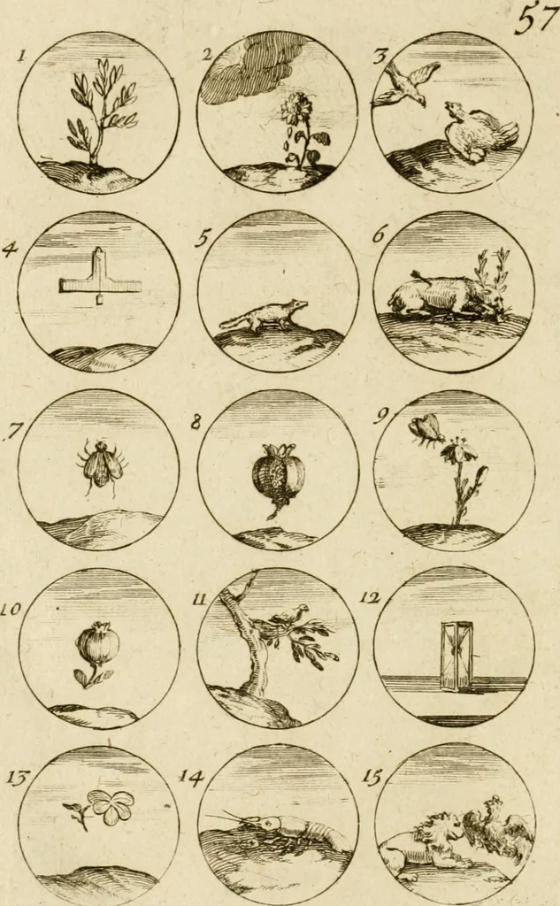 An illustration from Recueil d'emblêmes, devises, medailles, et figures hieroglyphiques, au nombre de plus de douze cent, avec leurs explications : accompagné de plus de deux mille chiffres fleuronnez simples, doubles & triples ... : cet ouvrage qui est enrichy de deux cens cinquante planches en taille-douce, est très-utile aux graveurs, peintres, sculpteurs, orfevres, brodeurs, serruriers & à tous ceux qui travaillent au dessein, 1724, leaf 123