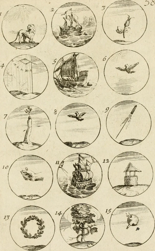 An illustration from Recueil d'emblêmes, devises, medailles, et figures hieroglyphiques, au nombre de plus de douze cent, avec leurs explications : accompagné de plus de deux mille chiffres fleuronnez simples, doubles & triples ... : cet ouvrage qui est enrichy de deux cens cinquante planches en taille-douce, est très-utile aux graveurs, peintres, sculpteurs, orfevres, brodeurs, serruriers & à tous ceux qui travaillent au dessein, 1724, leaf 126