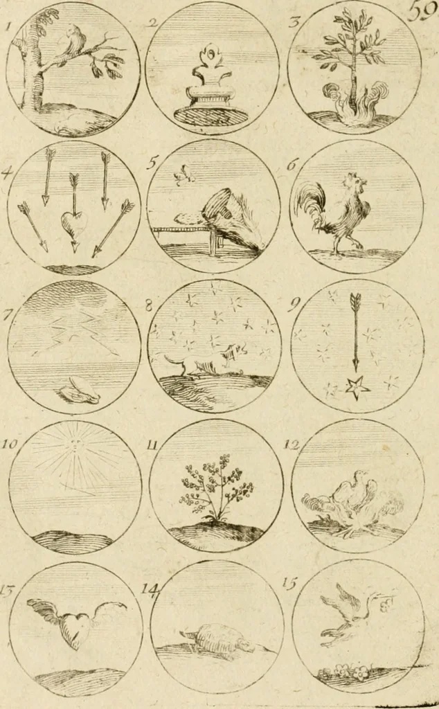 An illustration from Recueil d'emblêmes, devises, medailles, et figures hieroglyphiques, au nombre de plus de douze cent, avec leurs explications : accompagné de plus de deux mille chiffres fleuronnez simples, doubles & triples ... : cet ouvrage qui est enrichy de deux cens cinquante planches en taille-douce, est très-utile aux graveurs, peintres, sculpteurs, orfevres, brodeurs, serruriers & à tous ceux qui travaillent au dessein, 1724, leaf 127