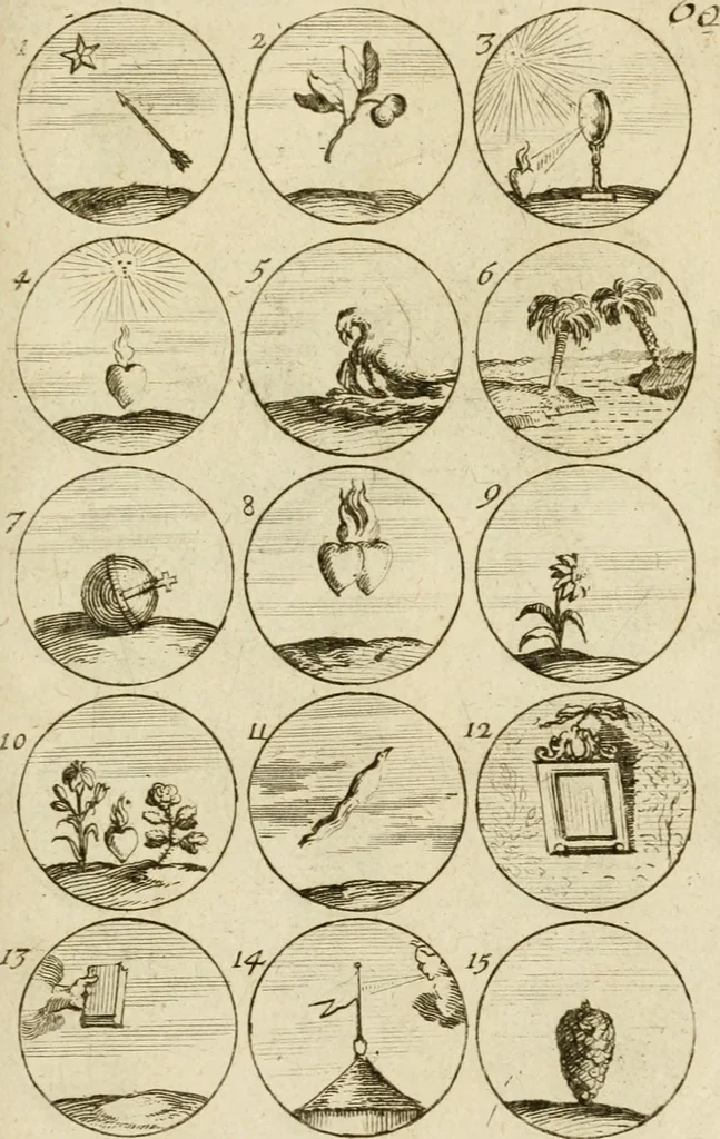 An illustration from Recueil d'emblêmes, devises, medailles, et figures hieroglyphiques, au nombre de plus de douze cent, avec leurs explications : accompagné de plus de deux mille chiffres fleuronnez simples, doubles & triples ... : cet ouvrage qui est enrichy de deux cens cinquante planches en taille-douce, est très-utile aux graveurs, peintres, sculpteurs, orfevres, brodeurs, serruriers & à tous ceux qui travaillent au dessein, 1724, leaf 130
