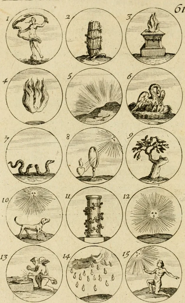 An illustration from Recueil d'emblêmes, devises, medailles, et figures hieroglyphiques, au nombre de plus de douze cent, avec leurs explications : accompagné de plus de deux mille chiffres fleuronnez simples, doubles & triples ... : cet ouvrage qui est enrichy de deux cens cinquante planches en taille-douce, est très-utile aux graveurs, peintres, sculpteurs, orfevres, brodeurs, serruriers & à tous ceux qui travaillent au dessein, 1724, leaf 131