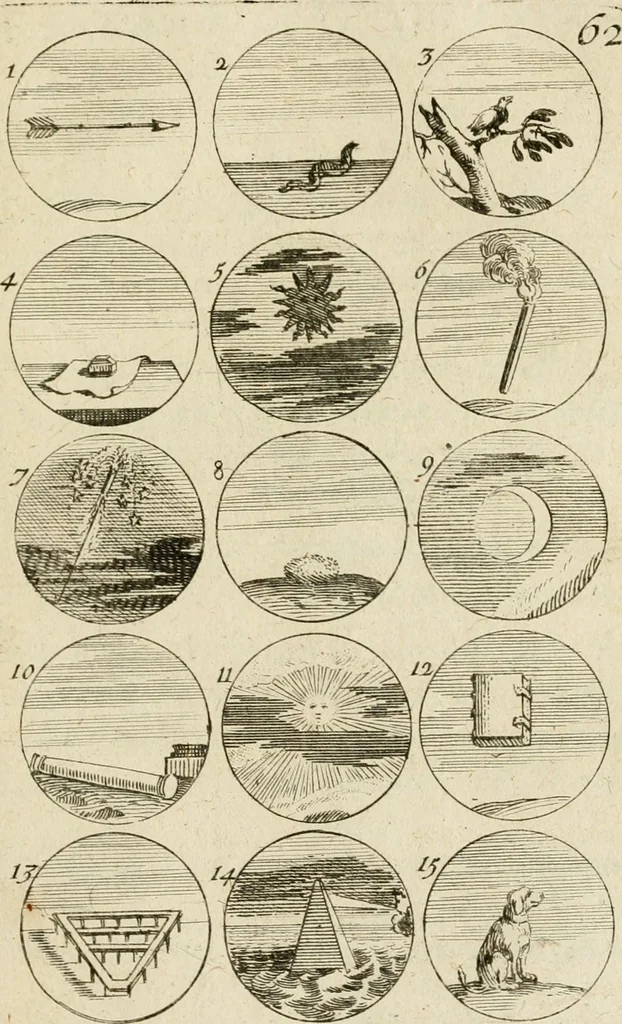 An illustration from Recueil d'emblêmes, devises, medailles, et figures hieroglyphiques, au nombre de plus de douze cent, avec leurs explications : accompagné de plus de deux mille chiffres fleuronnez simples, doubles & triples ... : cet ouvrage qui est enrichy de deux cens cinquante planches en taille-douce, est très-utile aux graveurs, peintres, sculpteurs, orfevres, brodeurs, serruriers & à tous ceux qui travaillent au dessein, 1724, leaf 134