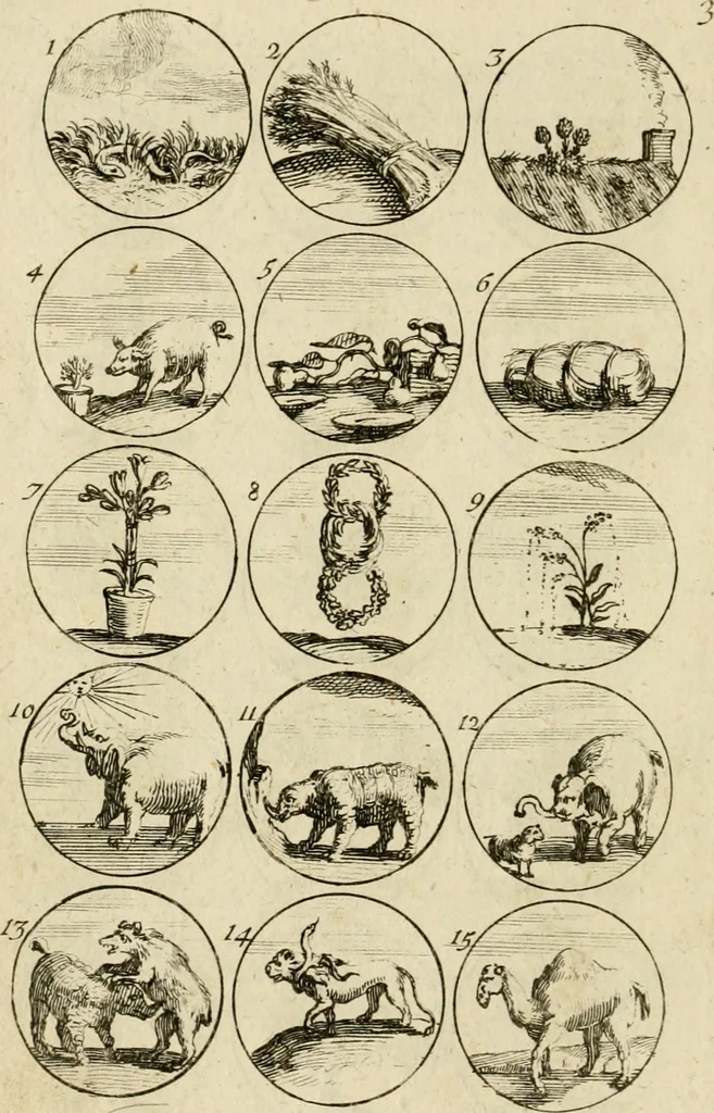 An illustration from Recueil d'emblêmes, devises, medailles, et figures hieroglyphiques, au nombre de plus de douze cent, avec leurs explications : accompagné de plus de deux mille chiffres fleuronnez simples, doubles & triples ... : cet ouvrage qui est enrichy de deux cens cinquante planches en taille-douce, est très-utile aux graveurs, peintres, sculpteurs, orfevres, brodeurs, serruriers & à tous ceux qui travaillent au dessein, 1724, leaf 15